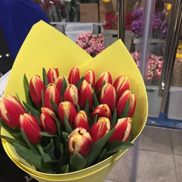 Букет из 25 тюльпанов. красно-желтый